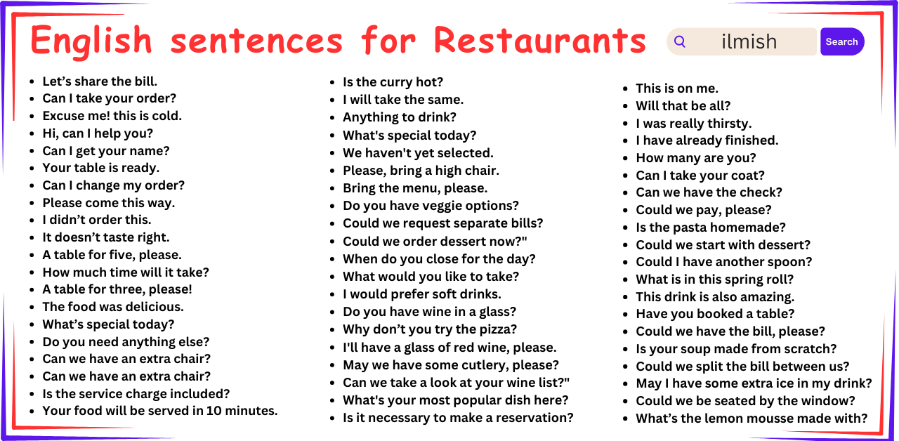 100 Restaurant Sentences in English for Conversation