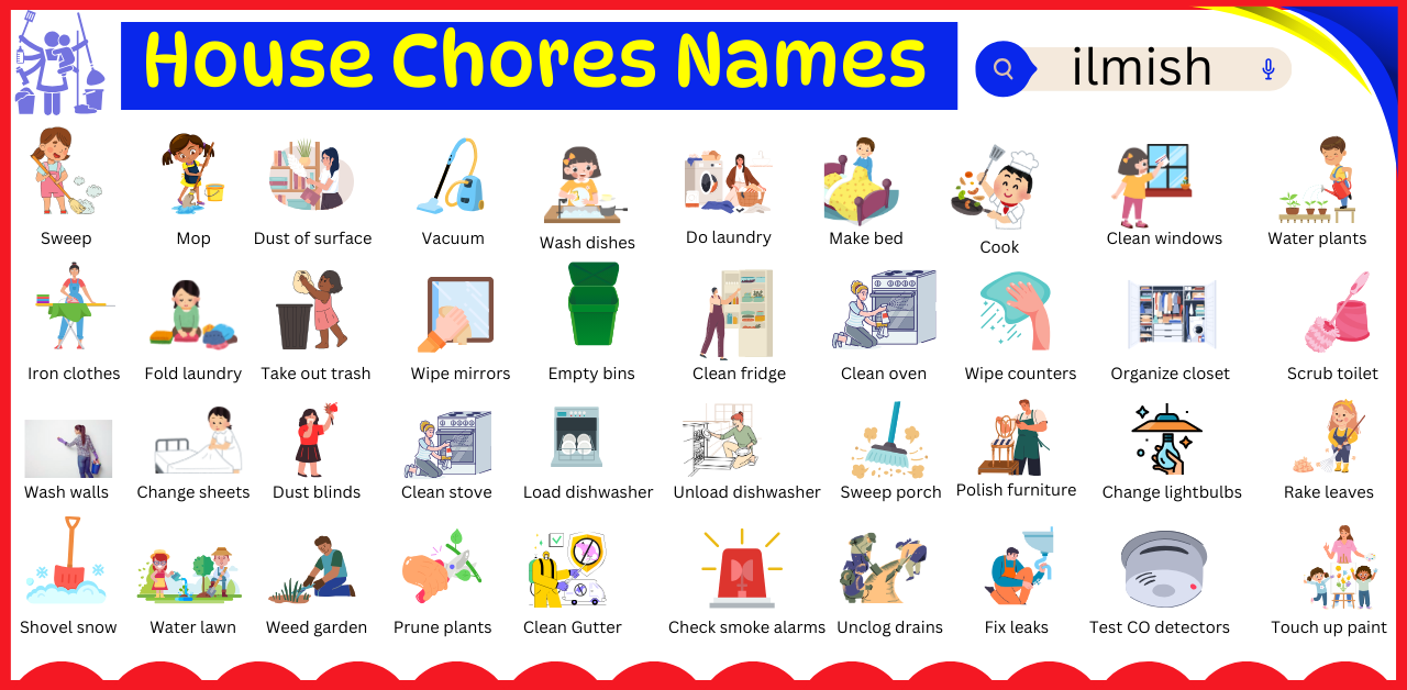 House Chores Names Vocabulary in English with Images