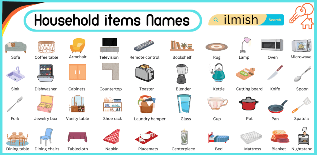 Household items Names Vocabulary in English with pictures ilmish