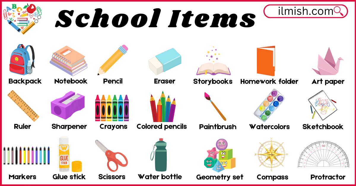 School Items Names in English and Pictures for kids