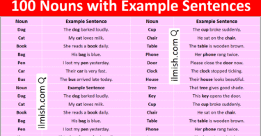 100 Nouns with Example Sentences in English with pictures