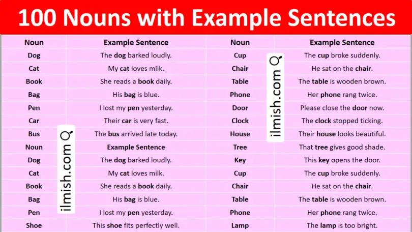100 Nouns with Example Sentences in English with pictures