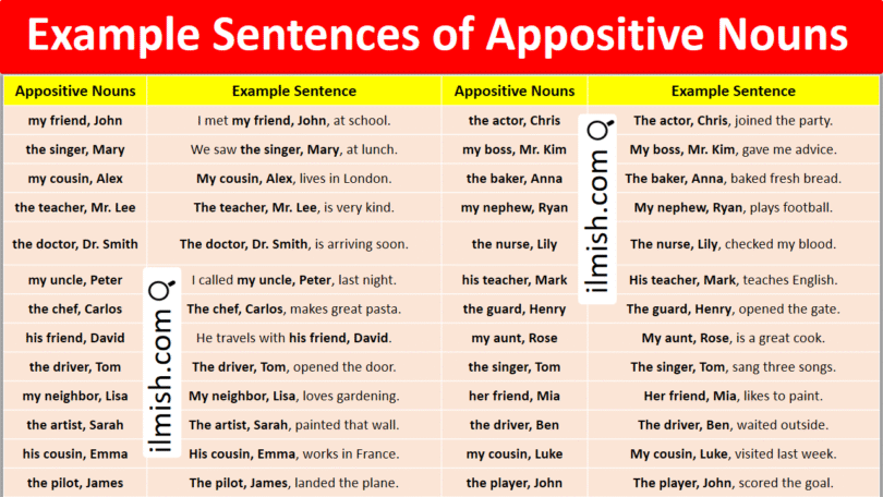 Example Sentences of Appositive Nouns in English with Pictures