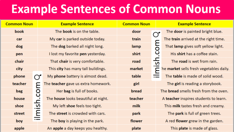 Example Sentences of Common Nouns in English with Pictures