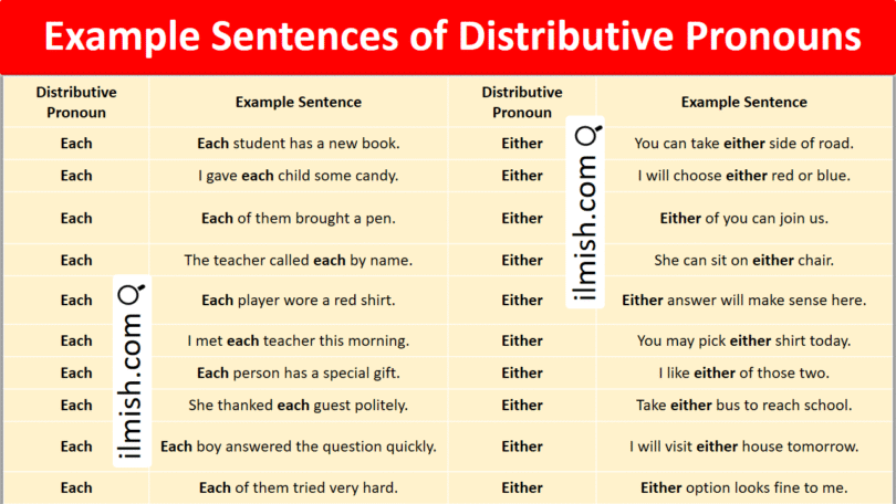 Example Sentences of Distributive Pronouns in English with Pictures