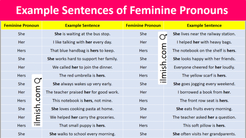 Example Sentences of Feminine Pronouns in English and Pictures