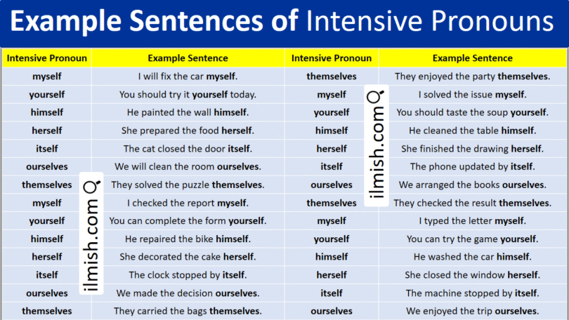 Example Sentences of Intensive Pronouns in English and Pictures