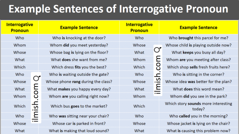 Example Sentences of Interrogative Pronouns in English and Pictures