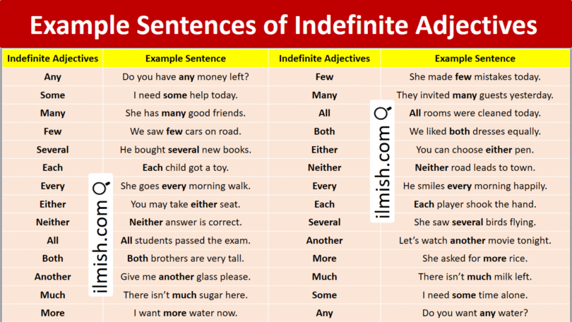 Example Sentences of Indefinite Adjectives in English and Pictures