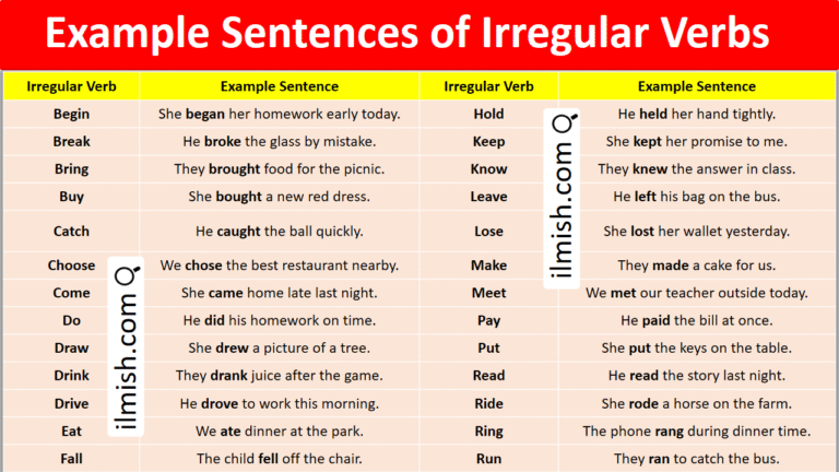 Example Sentences of Irregular Verbs in English and Pictures
