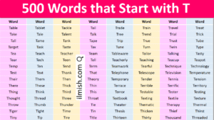 Words that Start with T in English with Pictures