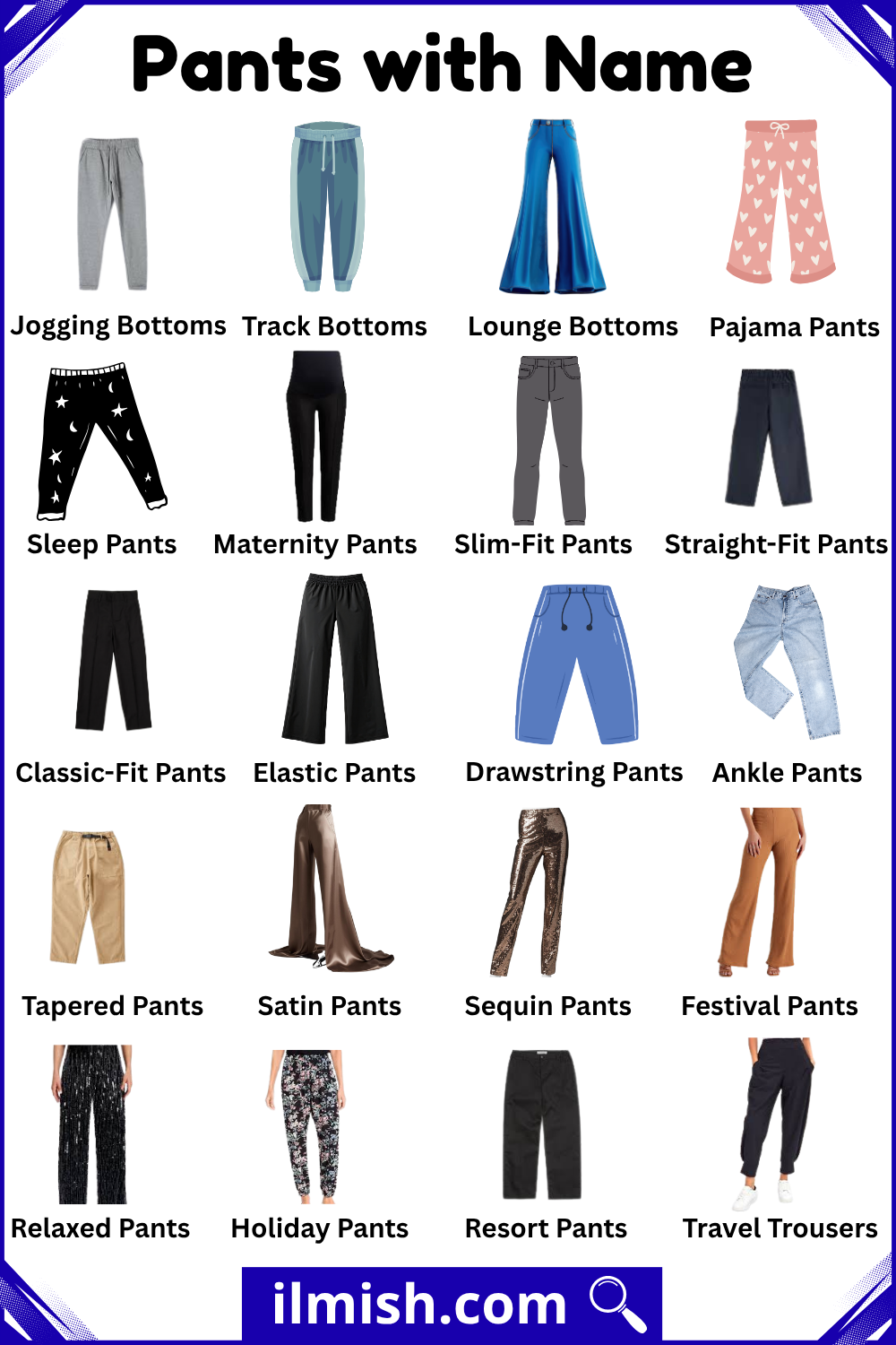 Different types of pants names with Pictures