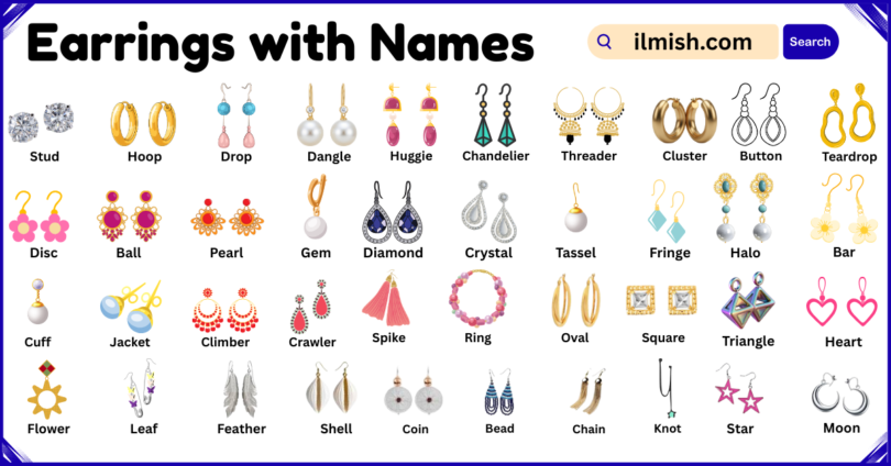 List of Earrings with Names and Types in English with Pictures