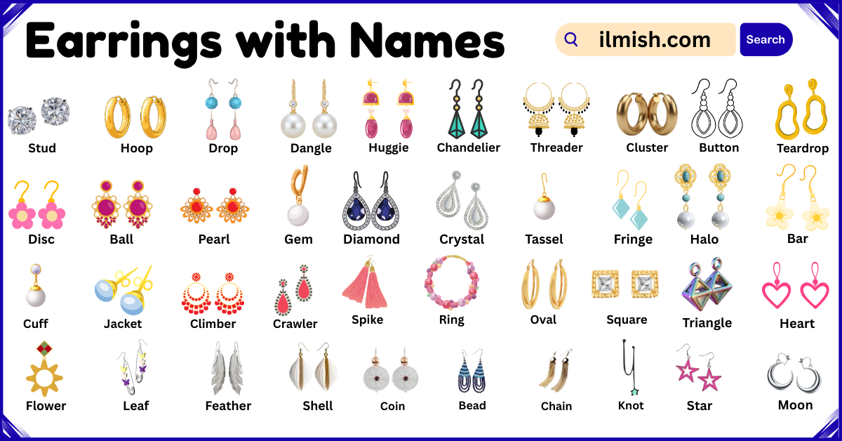 List of Earrings with Names and Types in English with Pictures