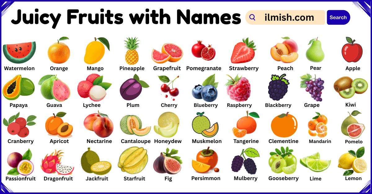 List of Juicy Fruits with Names and Types in English with Pictures
