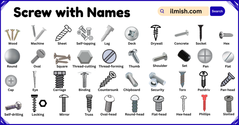 List of screws with Names and Types in English with Pictures