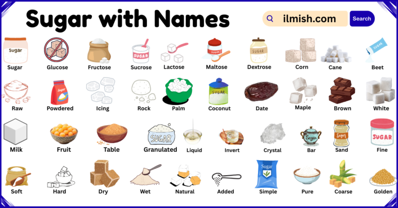 List of sugar with Names and Types in English with Pictures