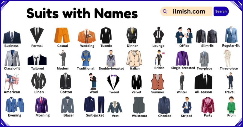 List of suits with Names and Types in English with Pictures