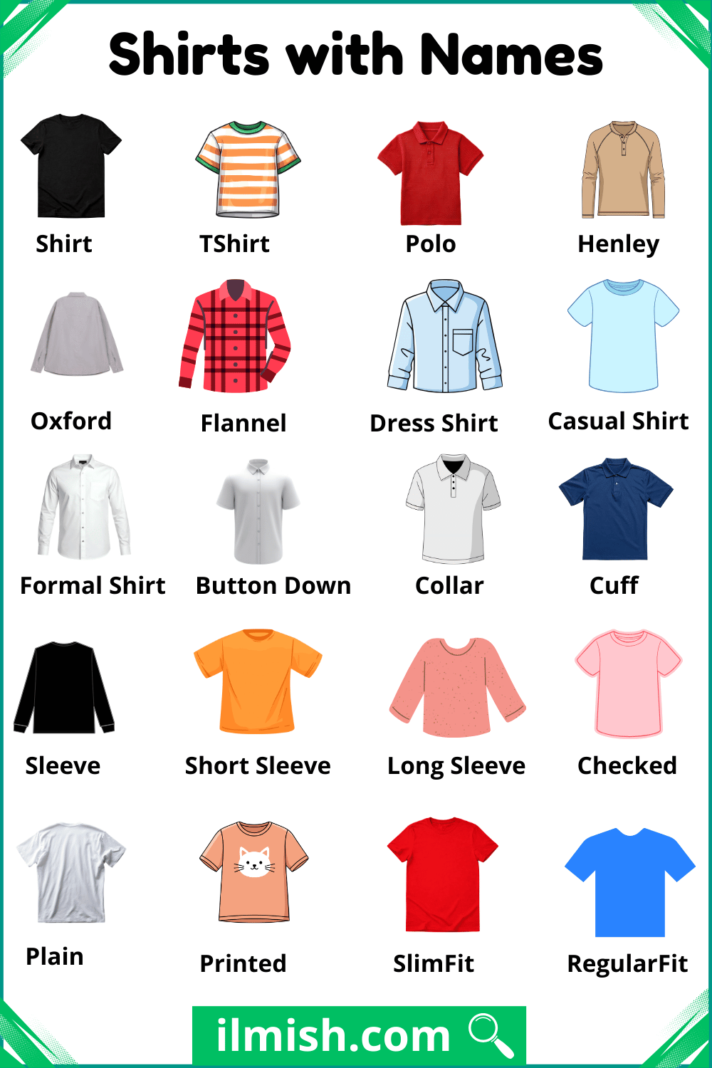 Different Shirts with Names and Types and Pictures