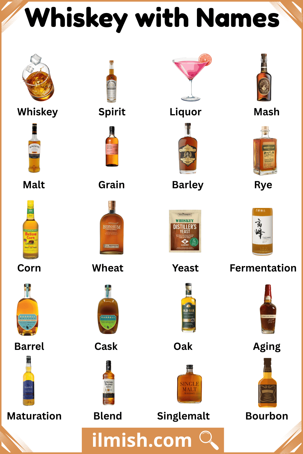 Different Type of Whiskey with Name and Picture