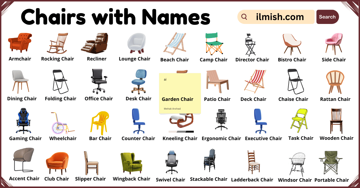 List of Chairs with Names and Types in English with Pictures