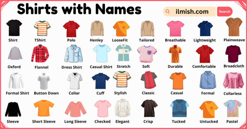 List of Shirts with Names and Types in English with Pictures